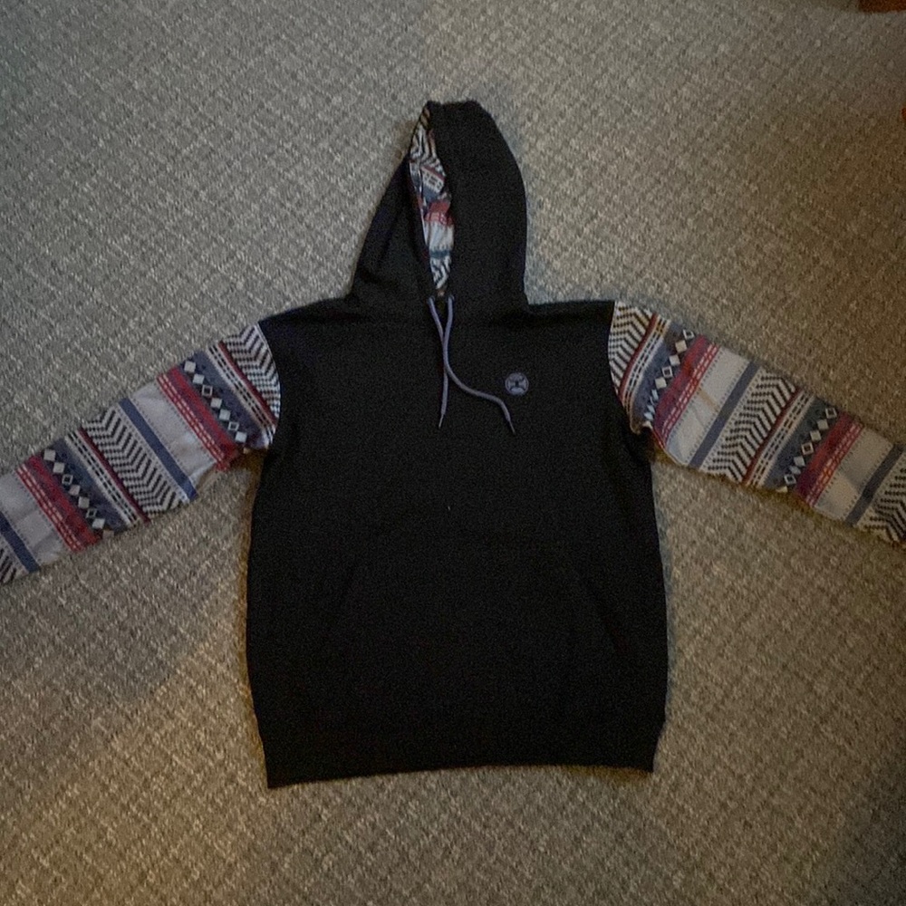 Unisex size small Hooey sweatshirt, black with aztec pattern on the sleeves